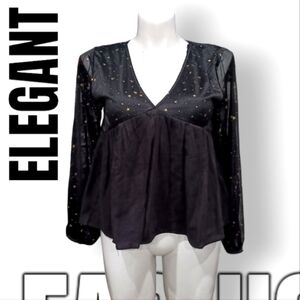 UMGEE Peasant Blouse Ballon Sheer Sleeve Plunge Neck Casual Top Gold Accent Sz M